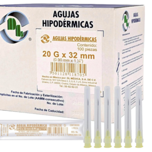 Agujas Hipodérmicas. Hipodérmicas con pabellón luer-lock hembra de plástico desechables. Longitud: 32 mm. Calibre: 20 G. Envase con 100 piezas.